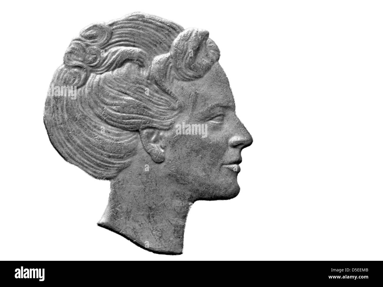 Portrait of Queen Margrethe II from 1 Krone coin, Denmark, 1986, on white background Stock Photo