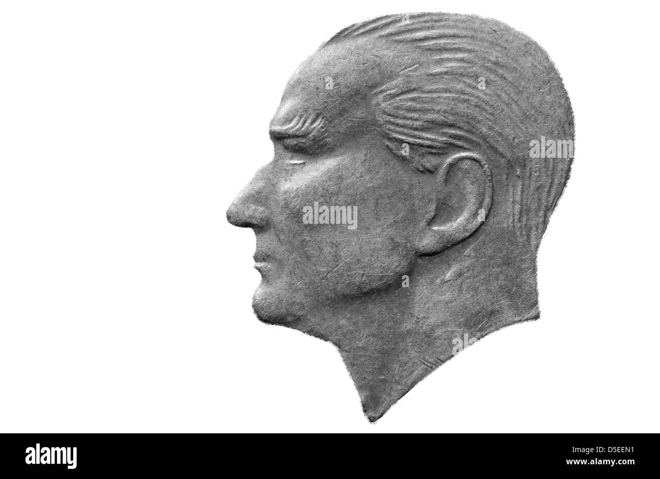 Portrait of Mustafa Kemal Ataturk from 2500 Lira coin, Turkey, 1992, on white background Stock Photo