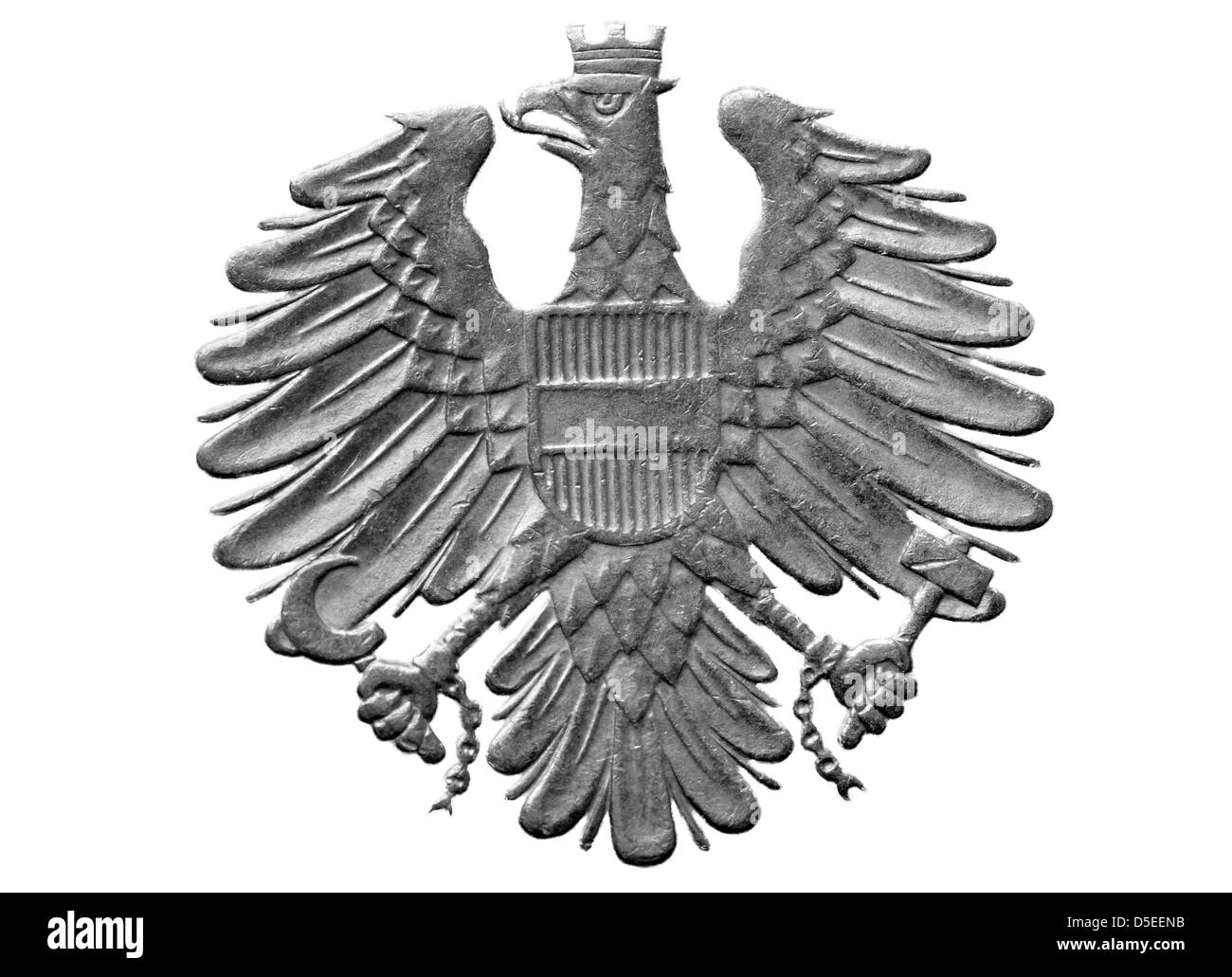 Eagle, Austrian coat of arms from 10 Schilling coin, Austria, 1991, on white background Stock Photo