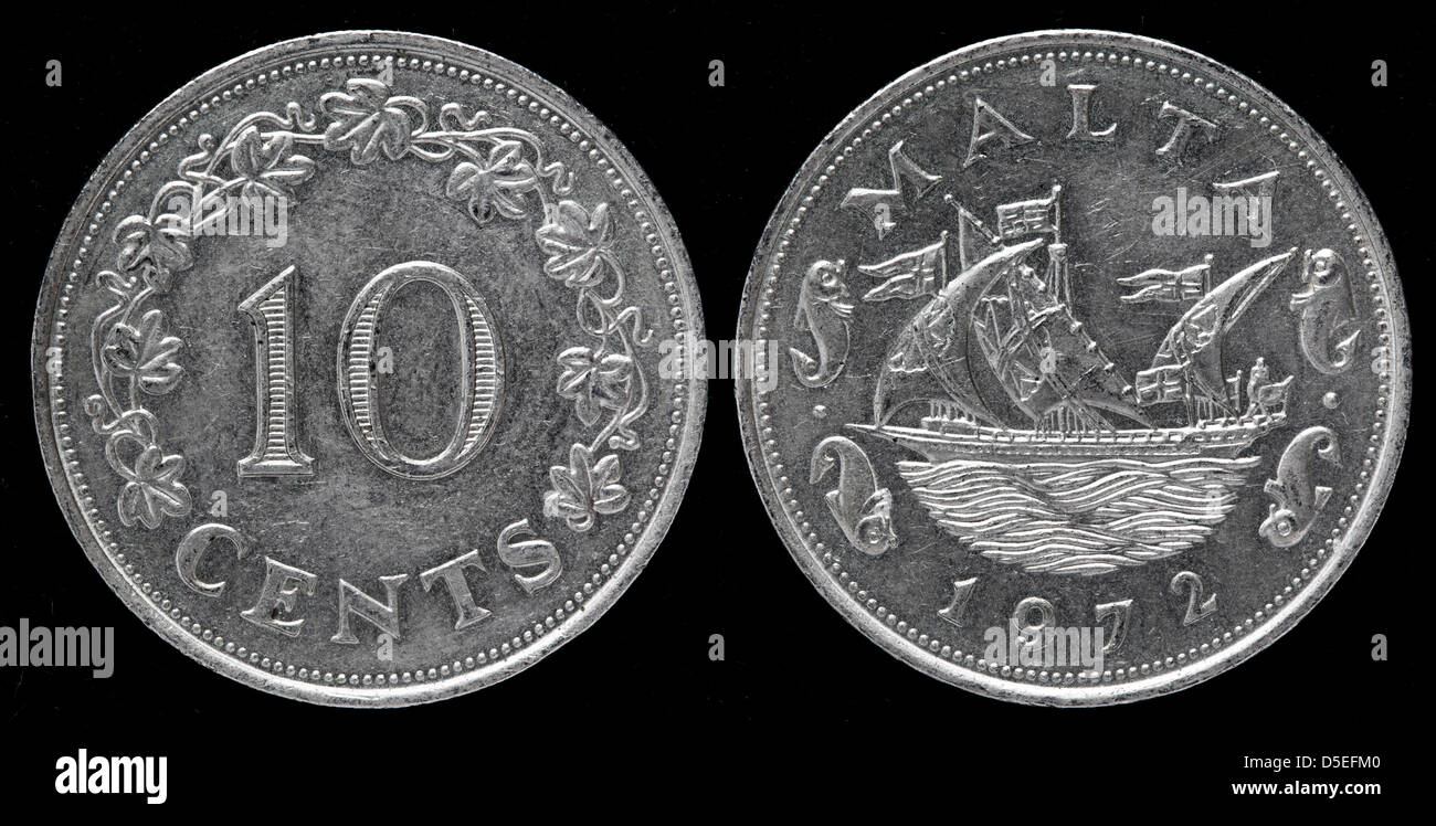 1972 Malta 10 cents Fish coin Barge of the grand master Ship 