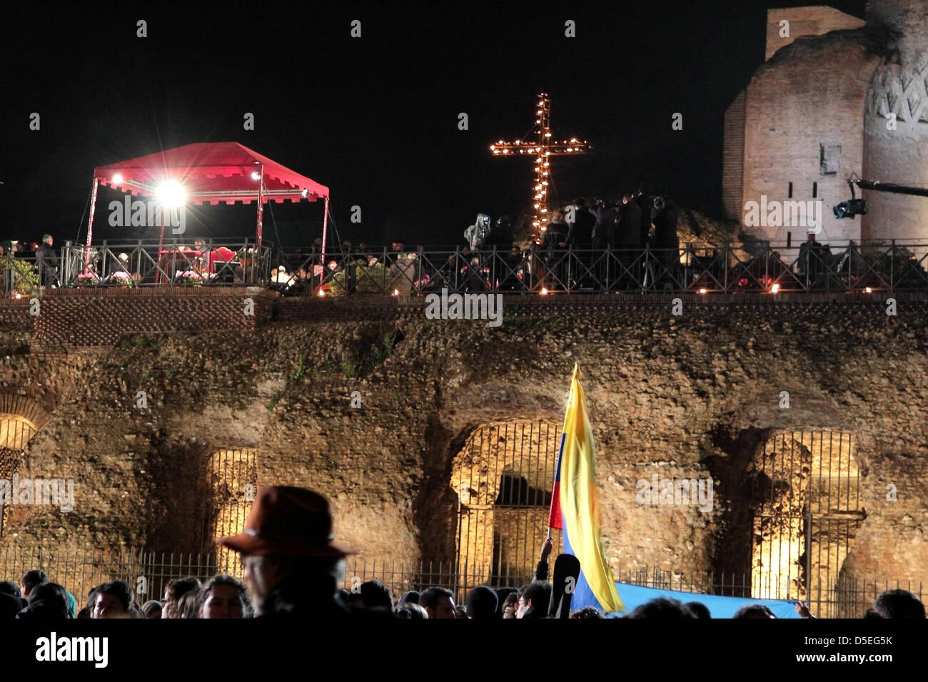 29th March 2013, Colosseum Square, Rome: The cross and the canopy set up for the Pope Francis I for the Stations of the Cross around the coliseum on Good Friday. Stock Photo