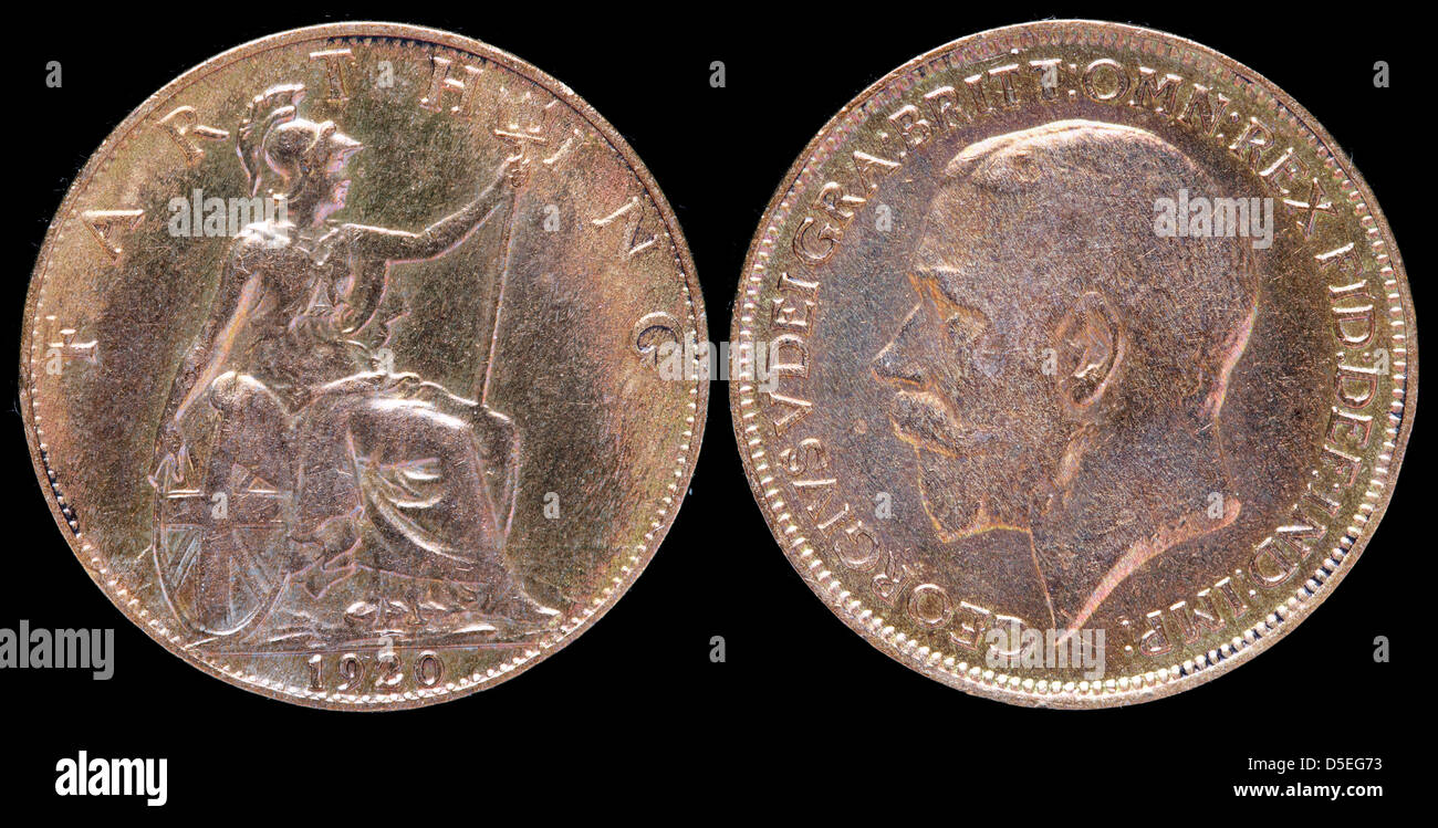 1 Farthing (1/4 penny) coin, King George V, UK, 1920 Stock Photo