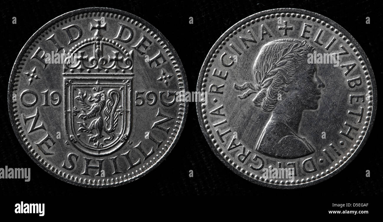 1 Shilling coin, Scottish shield, Queen Elizabeth II, UK, 1959 Stock Photo