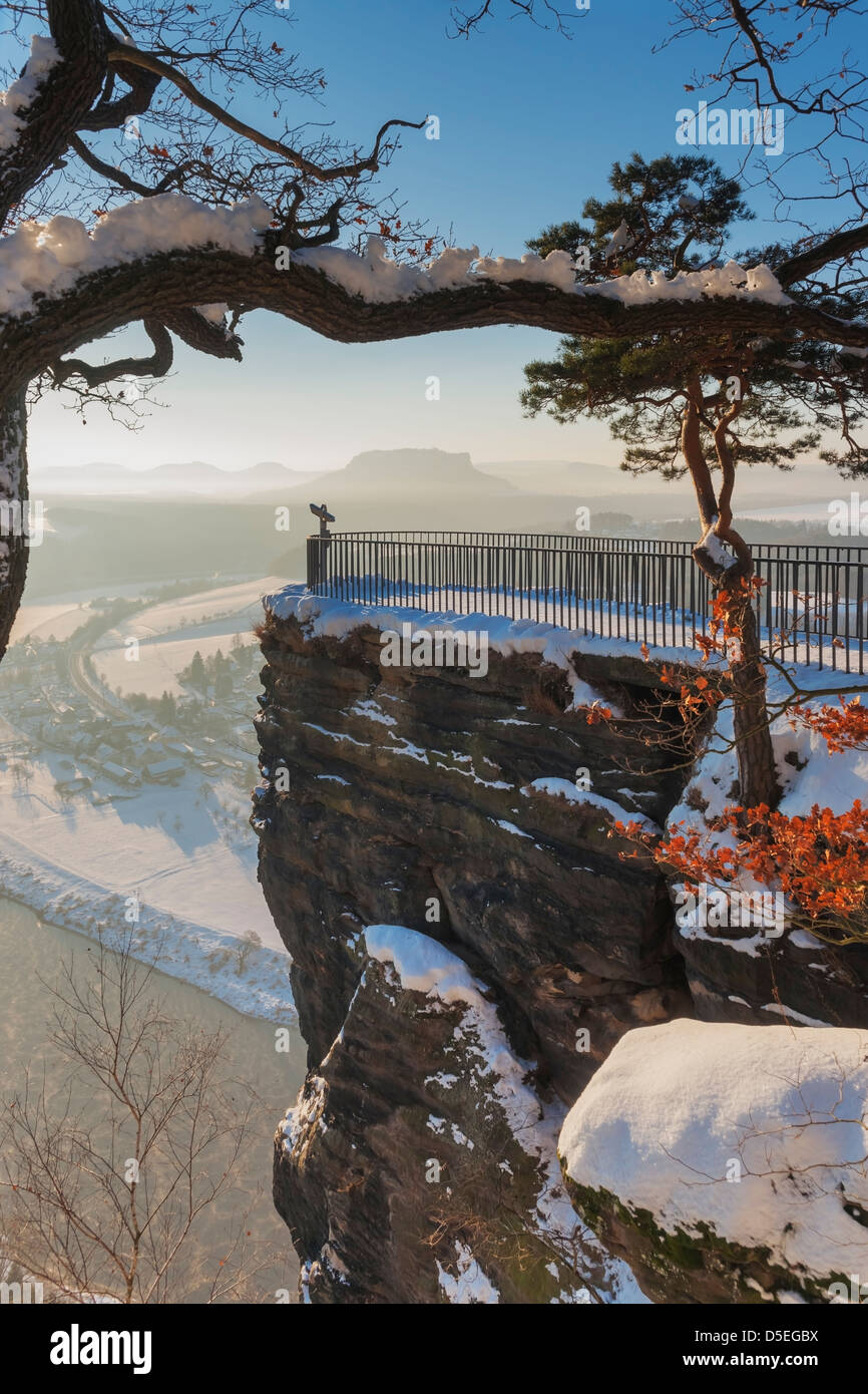 View from the rock formation Bastei (Bastion) to health resort Rathen, near Dresden, and the Elbe River, Saxony, Germany, Europe Stock Photo