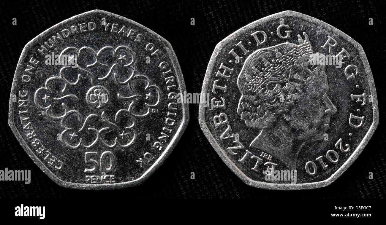 50 pence coin, Girl Guides, 100th Anniversary, UK, 2010 Stock Photo