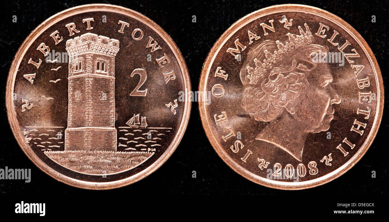 2 pence coin, Albert tower, UK, Isle of Man, 2008 Stock Photo