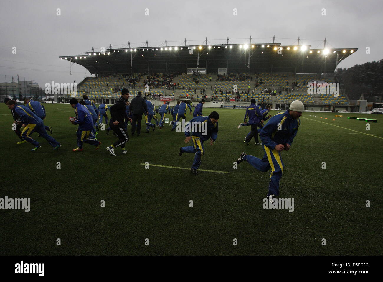 Gdynia, Poland 30th, March 2013 Rugby FIRA Championship , European Nations Cup - Poland v Ukraine game at National Rugby Stadium in Gdynia. Pictured : Ukrainian National Team warm-up before the game Stock Photo