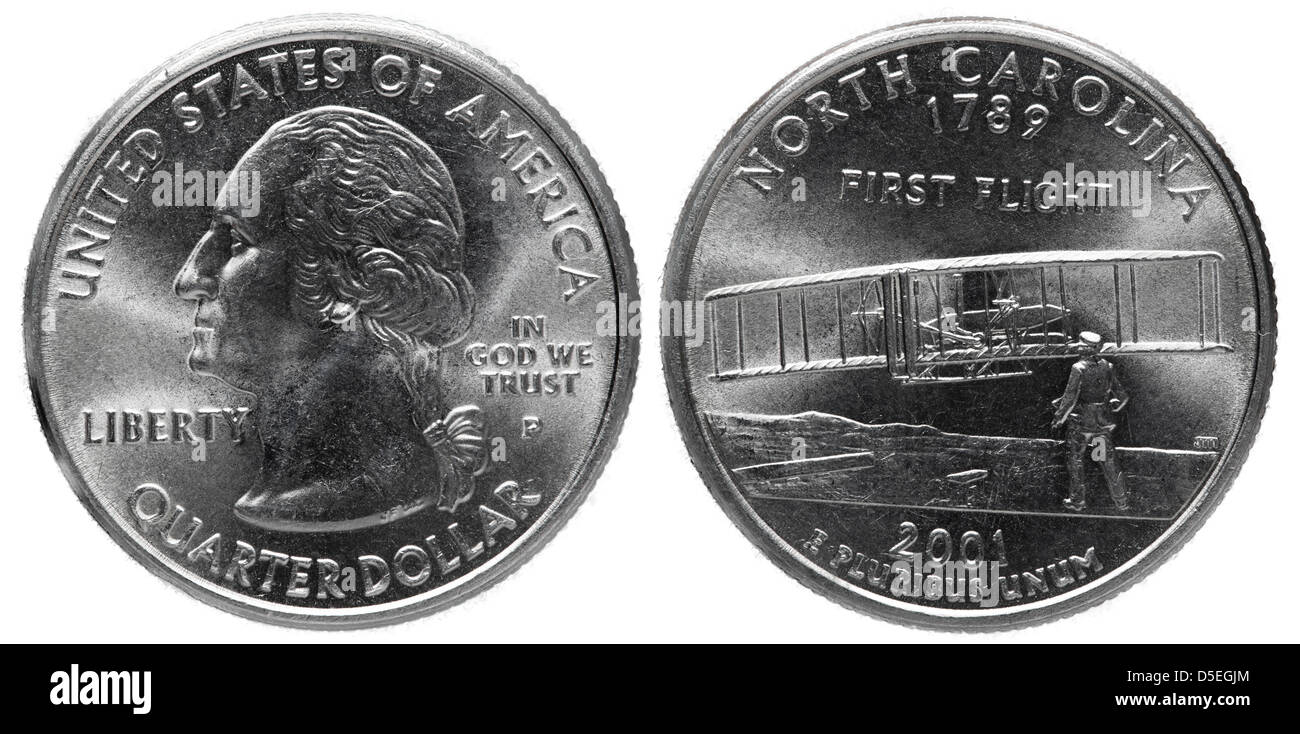 Quarter dollar coin, North Carolina, USA, 2001, on white background Stock Photo