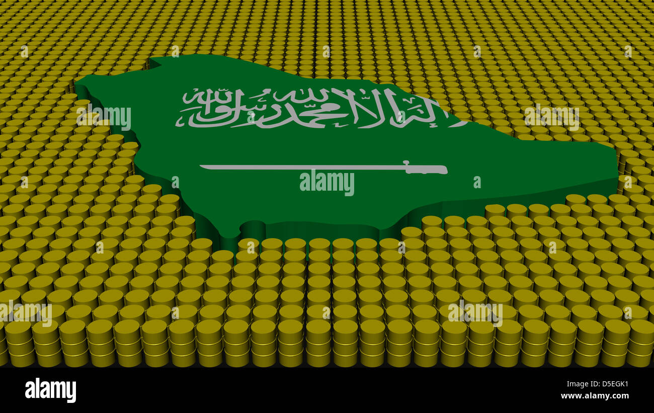 Saudi Arabia map flag with oil barrels illustration Stock Photo