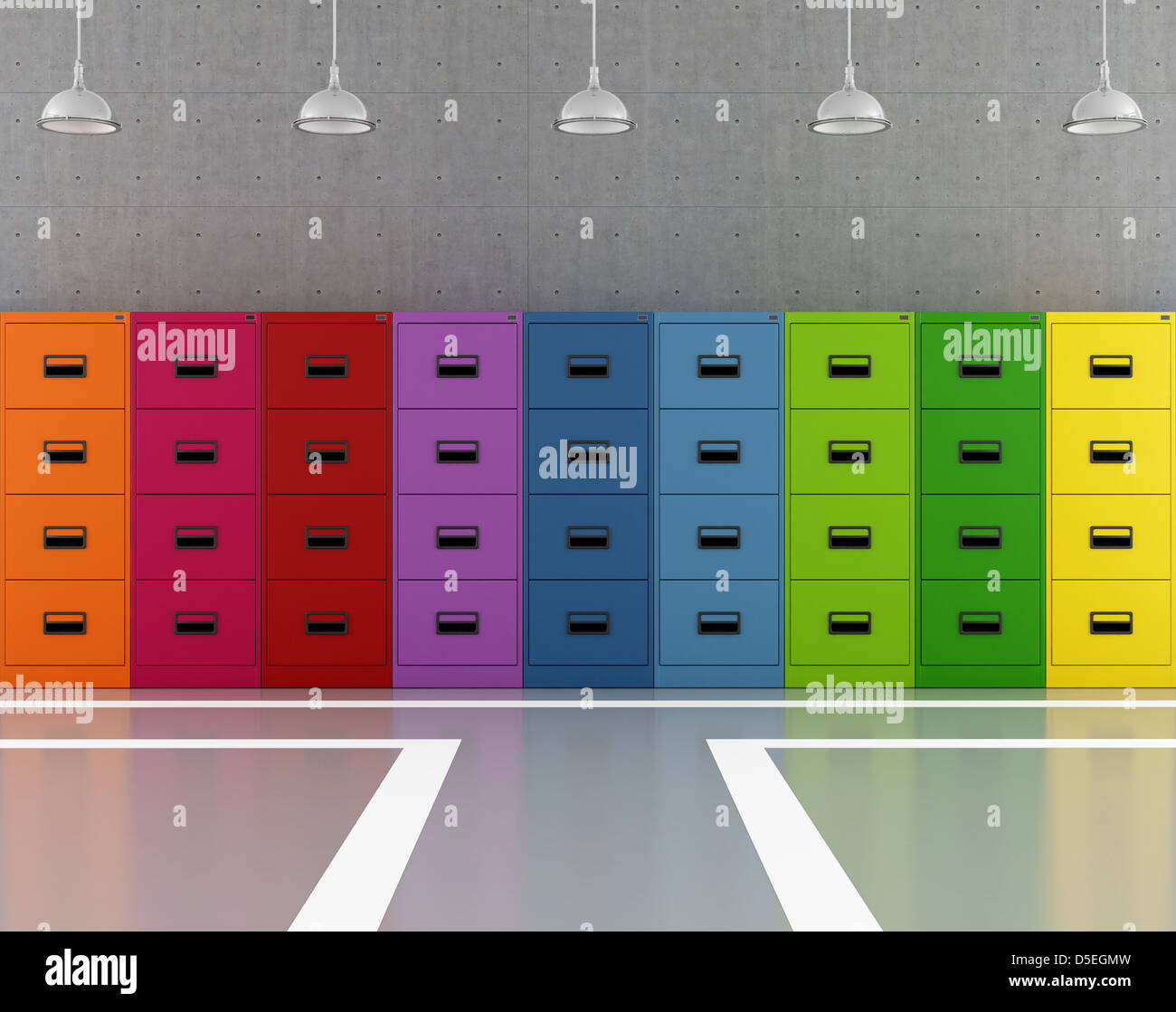 Modern archive modern with colorful filing cabinets - rendering Stock