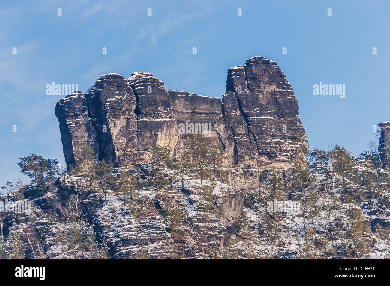 Climbing rock The Lokomotive (locomotive) in the national park Saxon Switzerland, near Dresden, Saxony, Germany, Europe Stock Photo