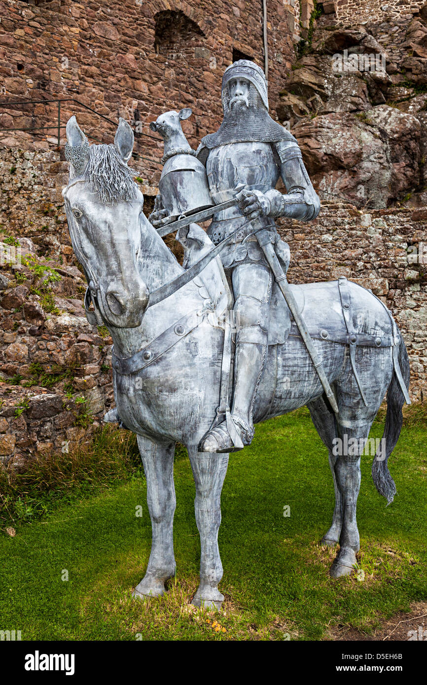 Sculpture of mounted knight, Mont Orgueil Castle, Gorey, Jersey, Channel Islands, UK Stock Photo