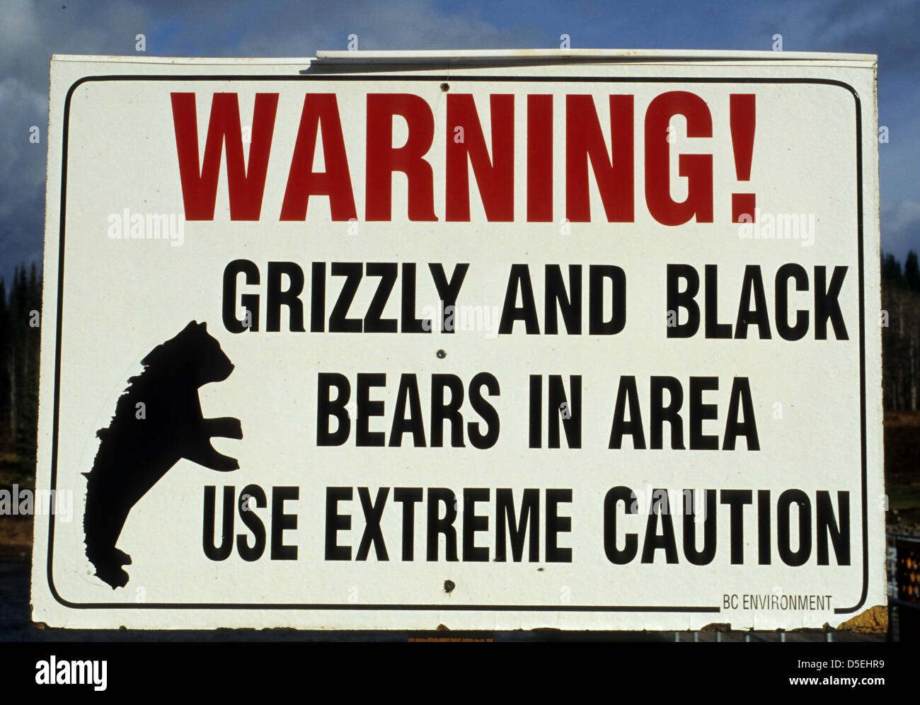 Sign warning of grizzly and black bear encounters on the Babine River British Columbia Canada Stock Photo