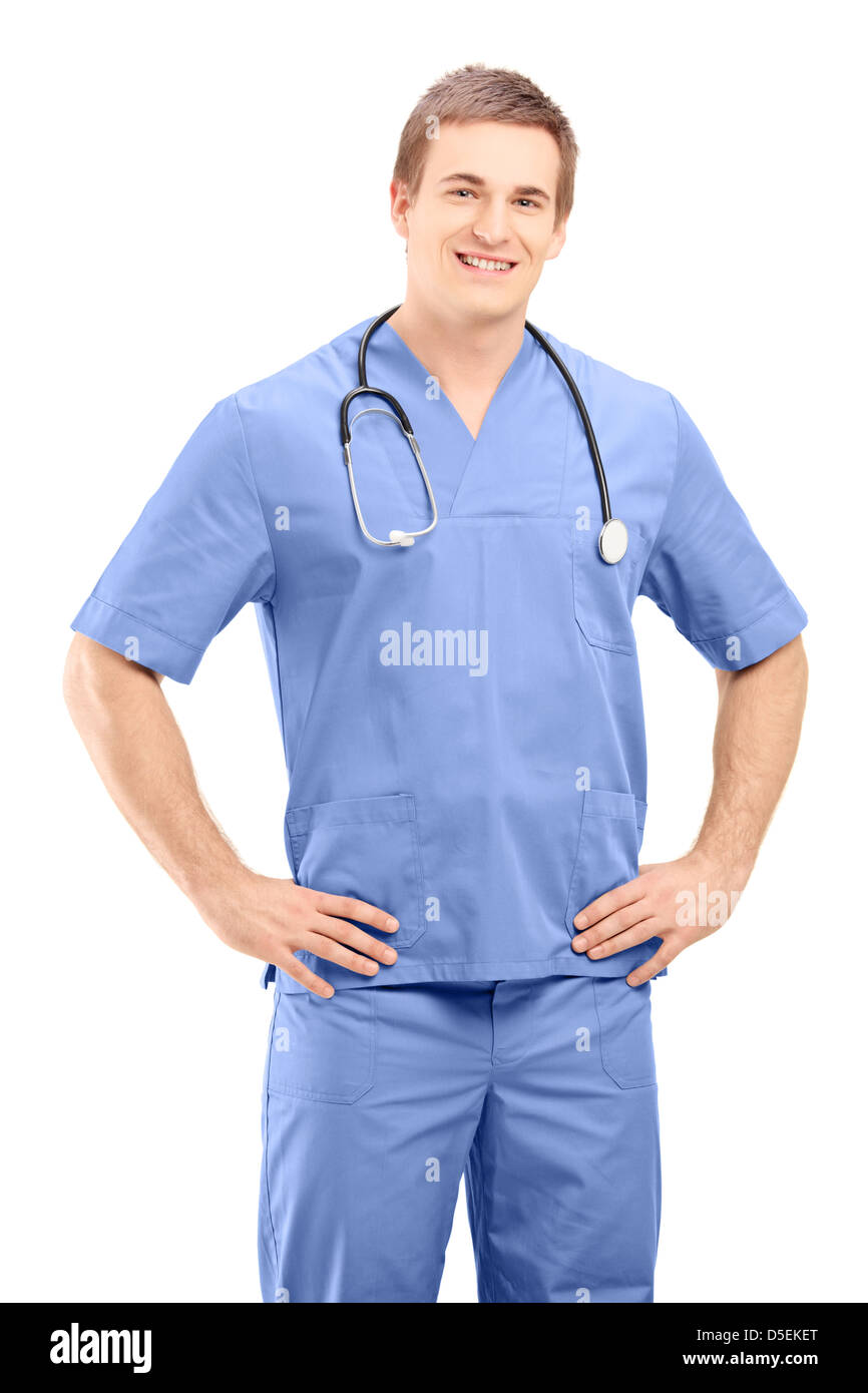 A male medical practitioner in a uniform posing isolated on white background Stock Photo
