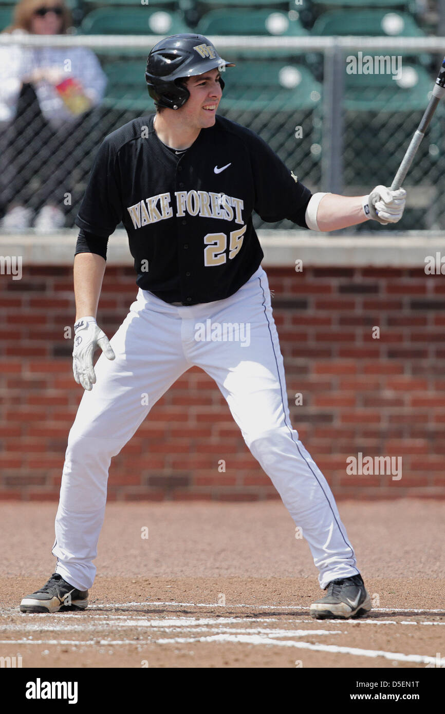 Atlanta, Georgia, USA. 30th March, 2013. The Georgia Tech Yellow Jackets wrapped up a 3-game series with a double header against the the Wake Forest Demon Deacons at Russ Chandler Stadium in Atlanta Georgia. Demon Deacon 1st baseman Matt Conway (25) at the plate. Georgia Tech won game one 8-1. Stock Photo
