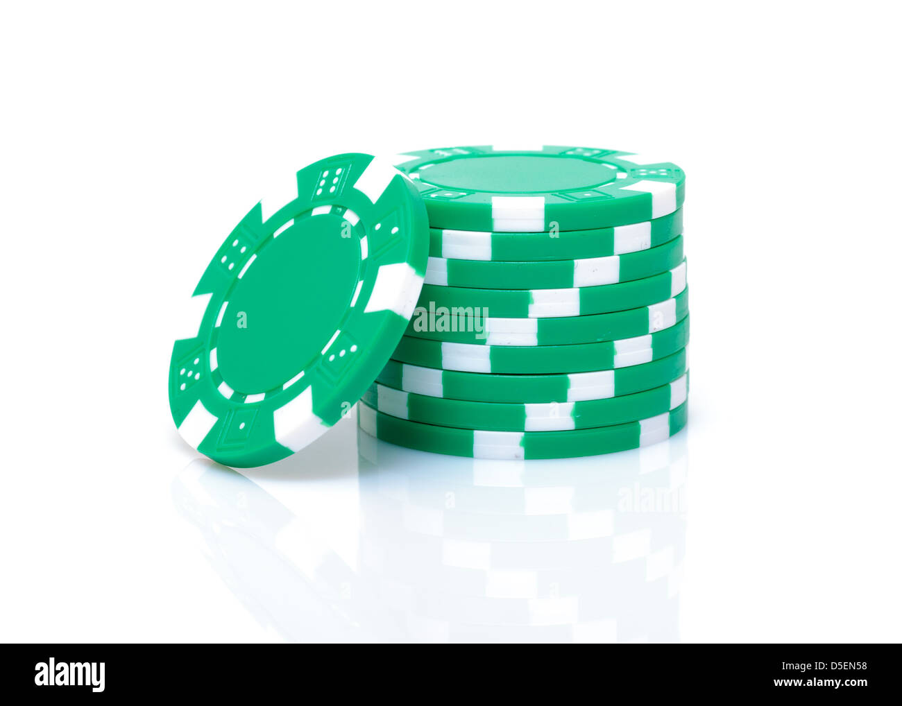 Small Stack of Green Poker Chips, closeup on white background Stock