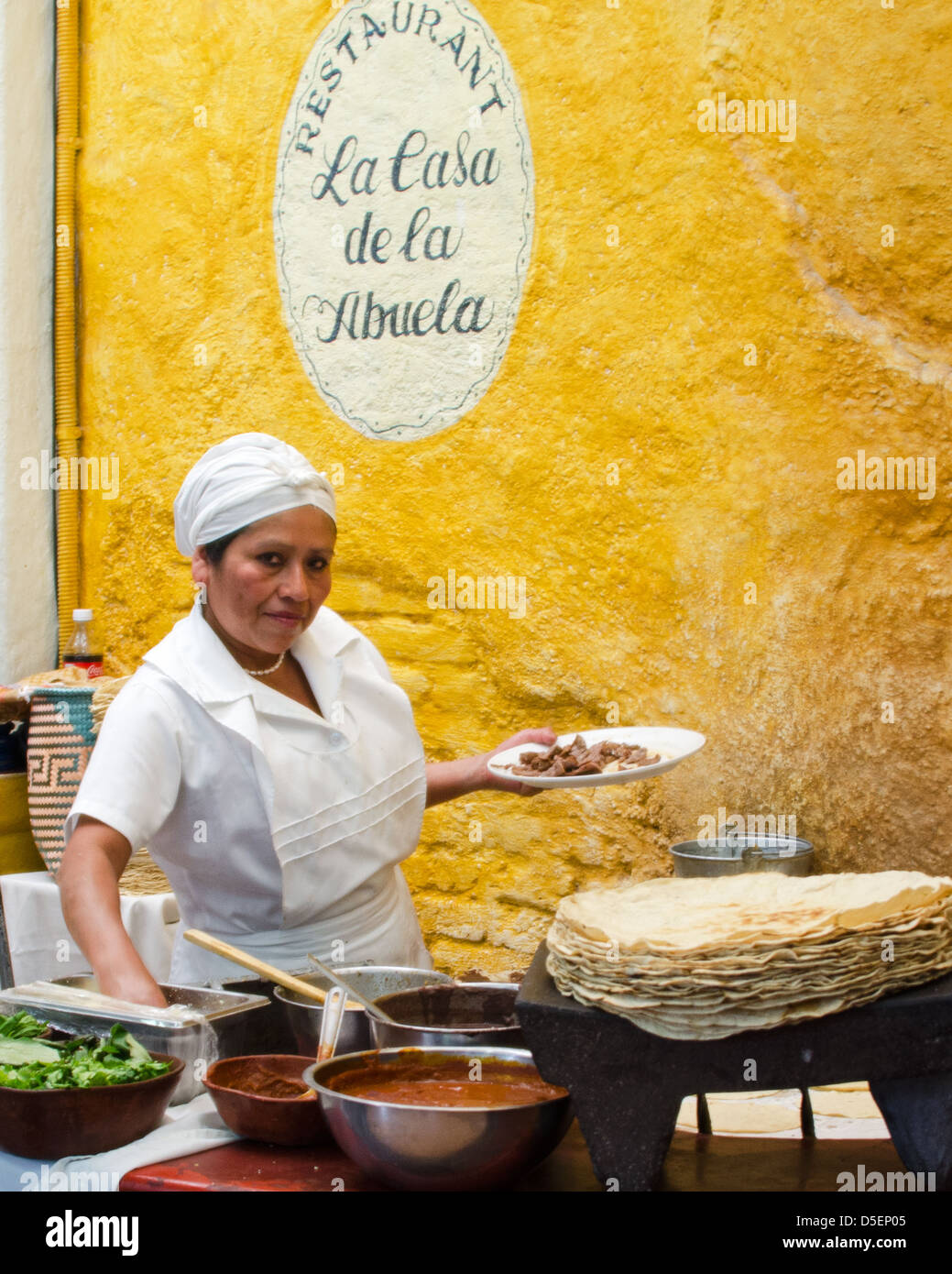 Chef at La Casa de la Abuela, a restaurant specializing in traditional Oaxacan cusine, on the Zocalo in Oaxaca de Juarez Mexico. Stock Photo