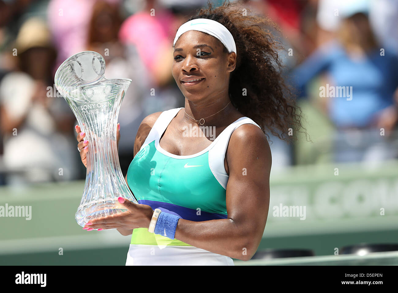 Miami, FL Serena Williams of USA with winner trophy during day 13 on