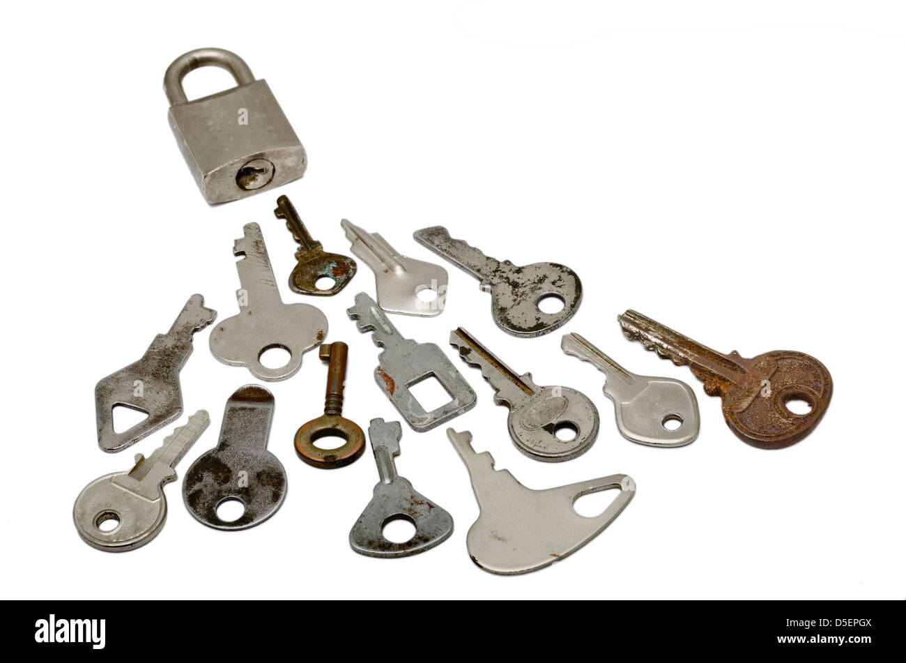 A Locked with many wrong Keys. over white background Stock Photo