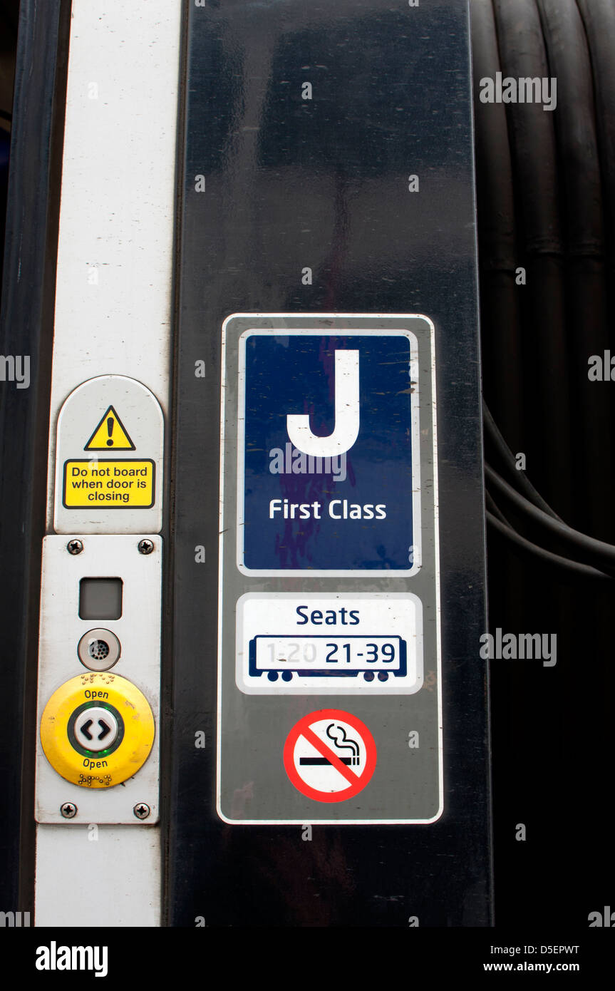 First Class carriage sign on Virgin Pendolino train Stock Photo
