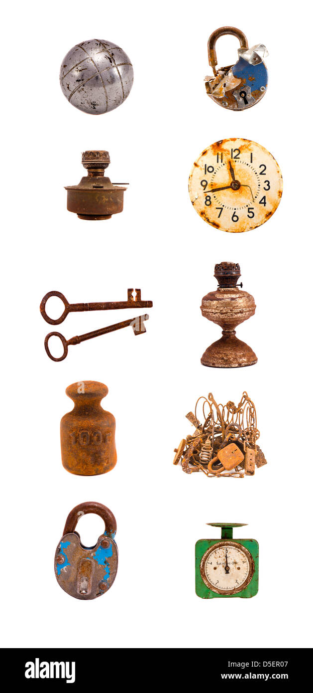 various old metal objects tool collection isolated on white Stock Photo