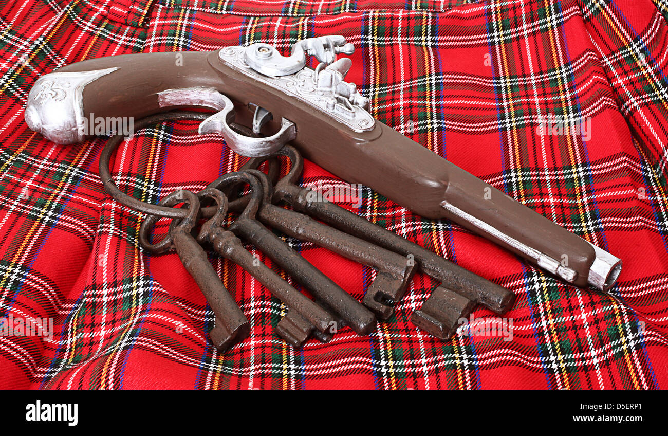 Old style pistol (Plastic) and a set of big keys on a tartan plaid cloth Stock Photo