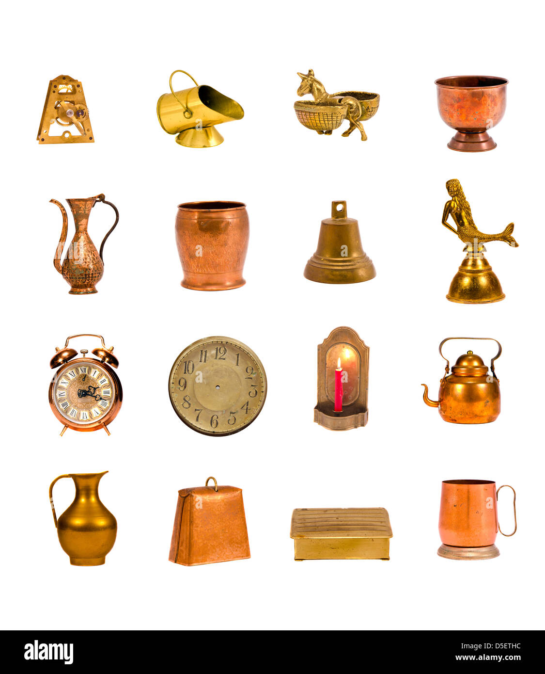 ancient brass and copper objects and tools collection isolated on white