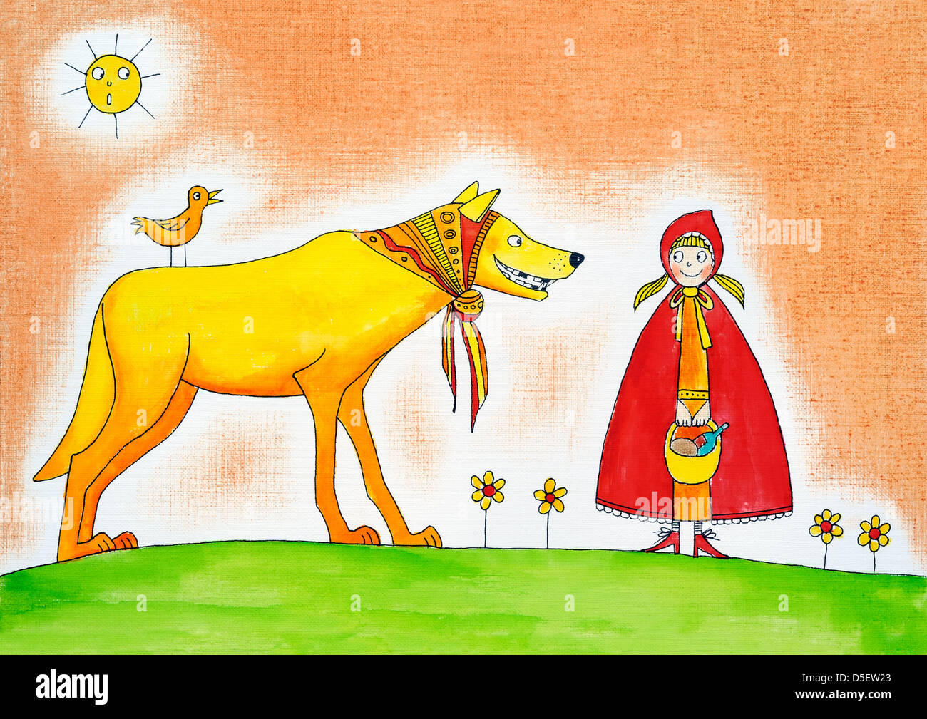 Little Red Riding Hood Child S Drawing Watercolor Painting Cartoon Stock Photo Alamy