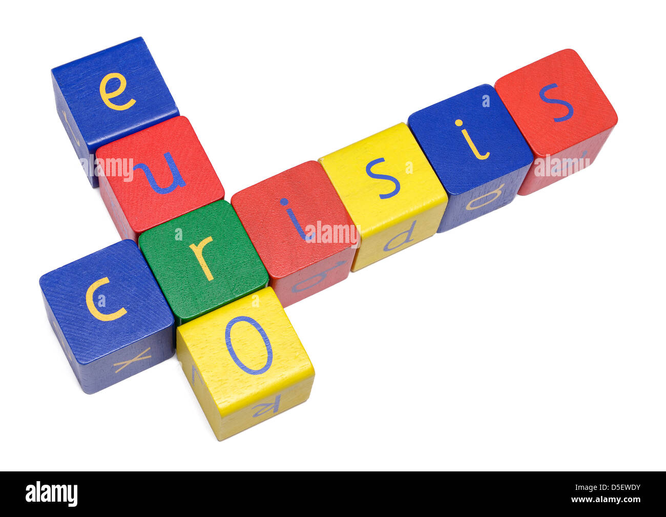 Wooden blocks spelling EURO and CRISIS Stock Photo