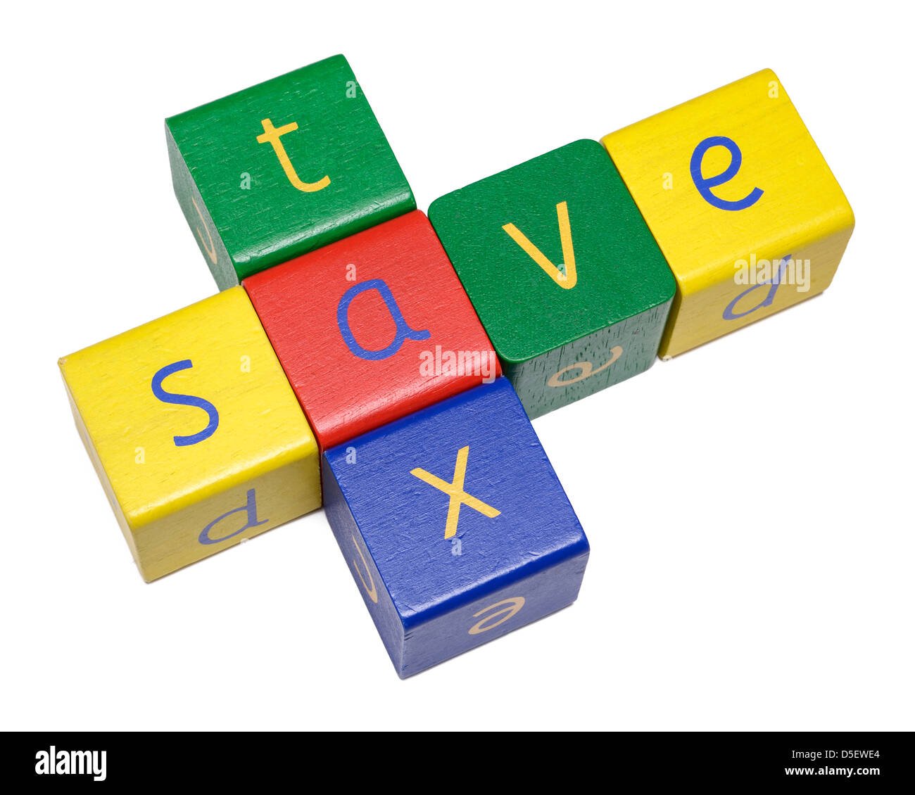 Wooden blocks spelling TAX and SAVE Stock Photo