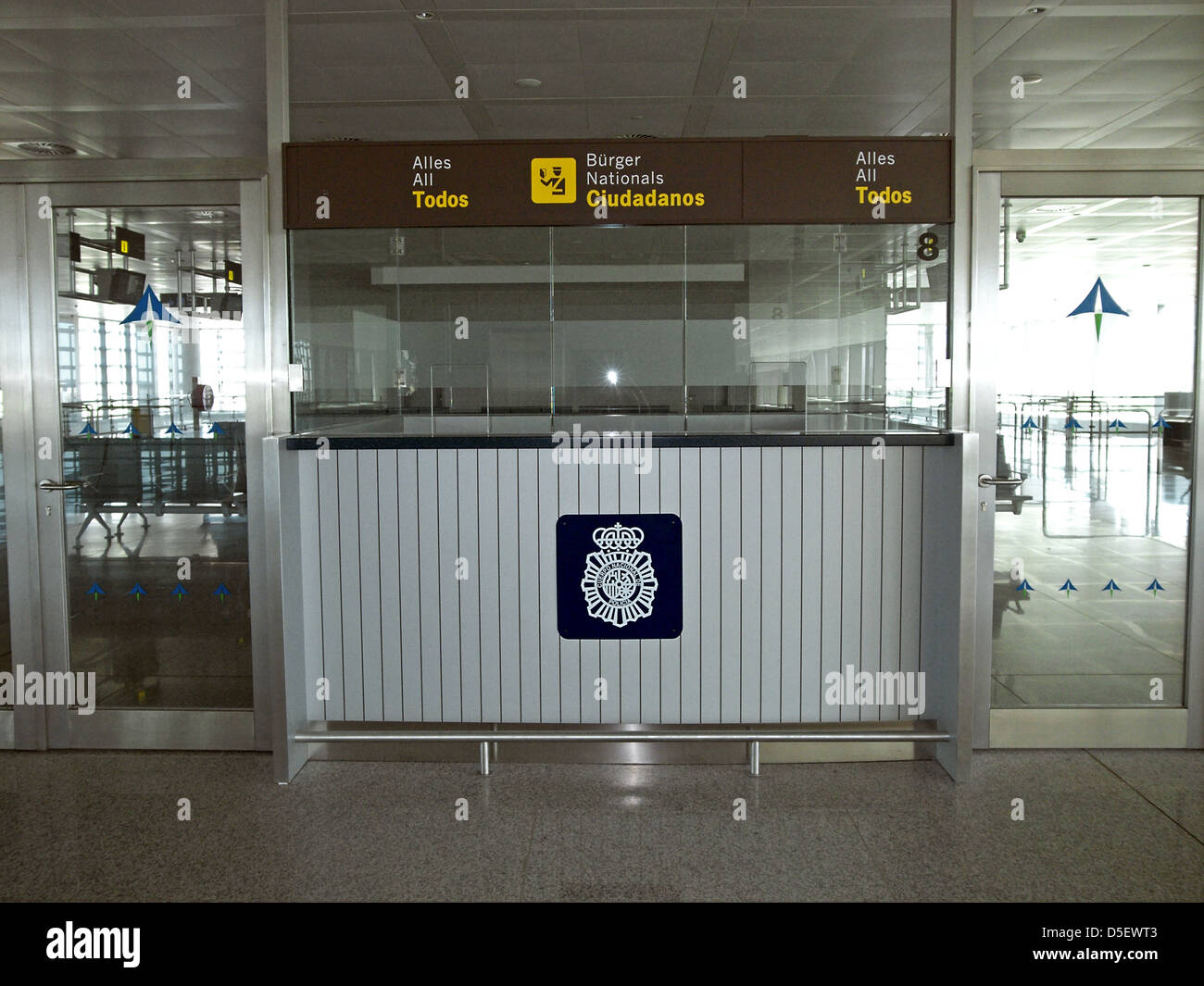 Border control kiosk/passport check booth at Malaga airport, Malaga, Malaga Province, Andalusia, Spain, Western Europe. Stock Photo