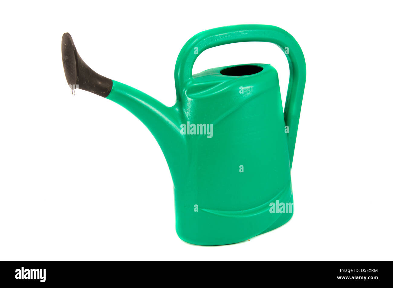 Green Plastic Watering Can Isolated on White Background Stock Photo