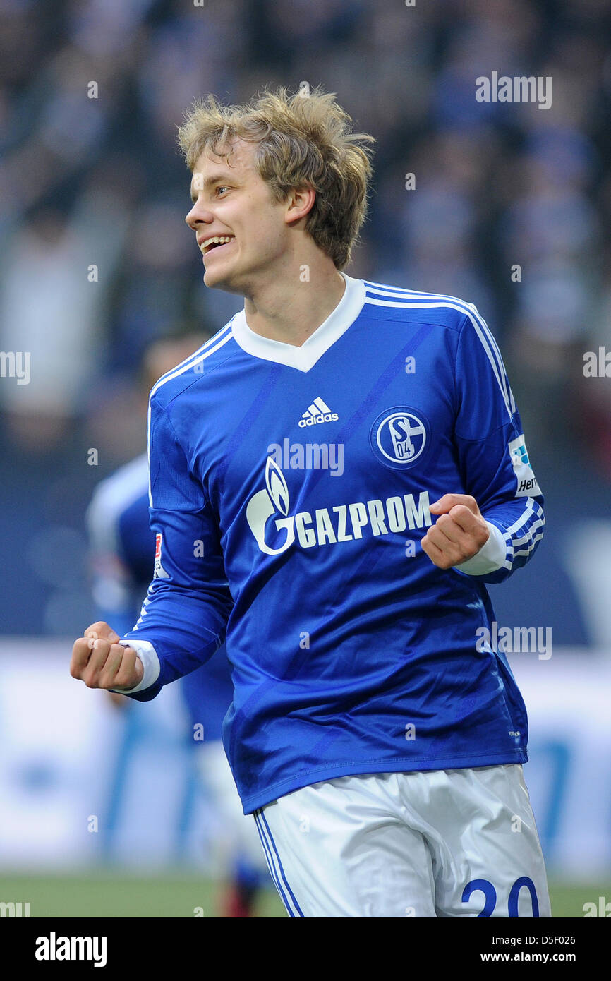 Gelsenkirchen, Germany. 30th March, 2013. Schalke's Teemu Pukki gestures  after he scores 3:0 during the