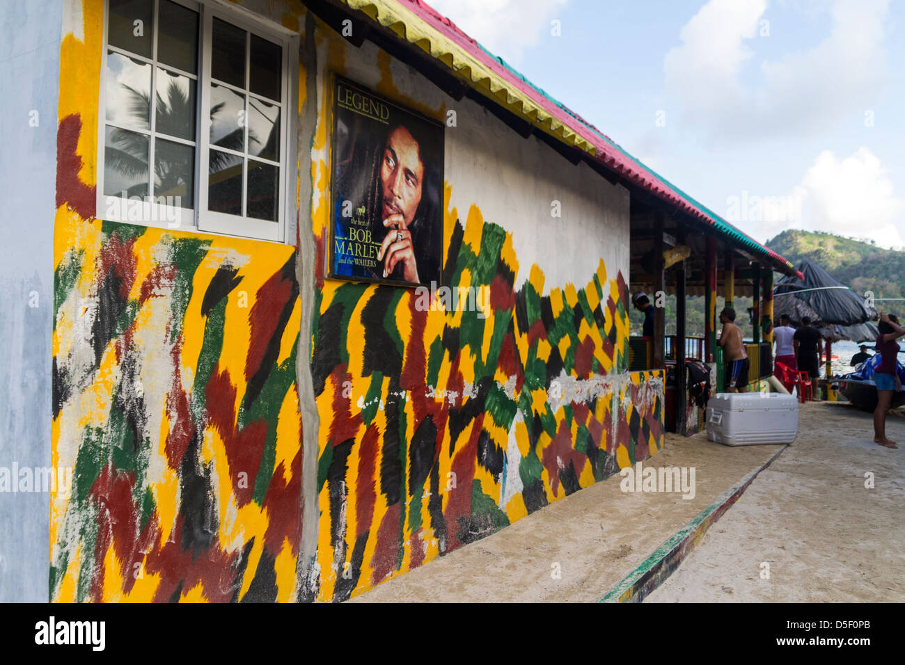 A wall painted with the image of Bob Marley, Isla Grande, Colon, Republic of Panama, Central America Stock Photo