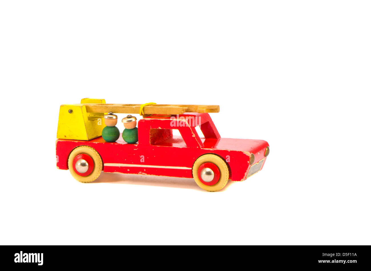 isolated on white background fire-engine wooden toy Stock Photo