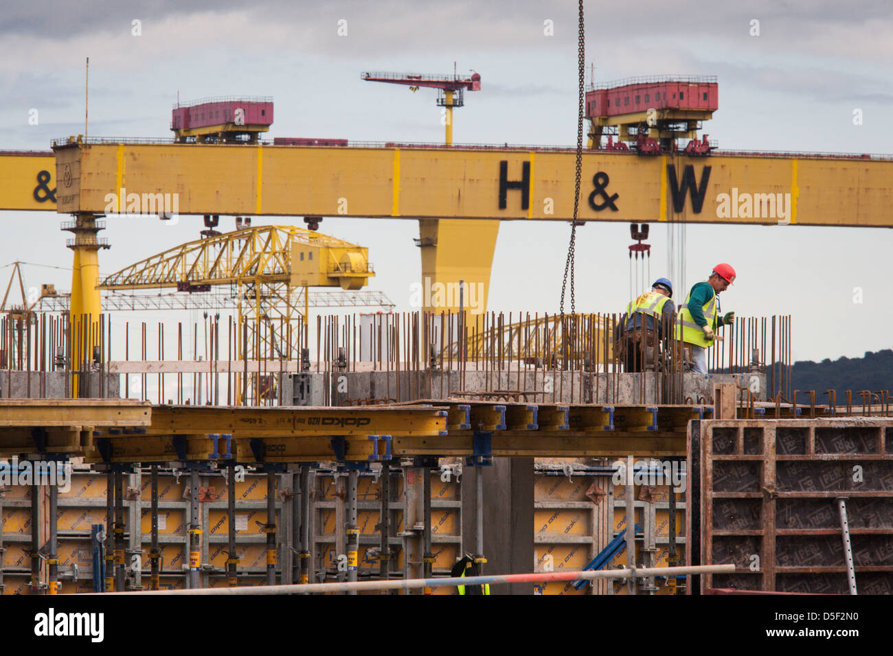 Construction near the Harland and Wolff cranes, Belfast, Northern Ireland. Stock Photo