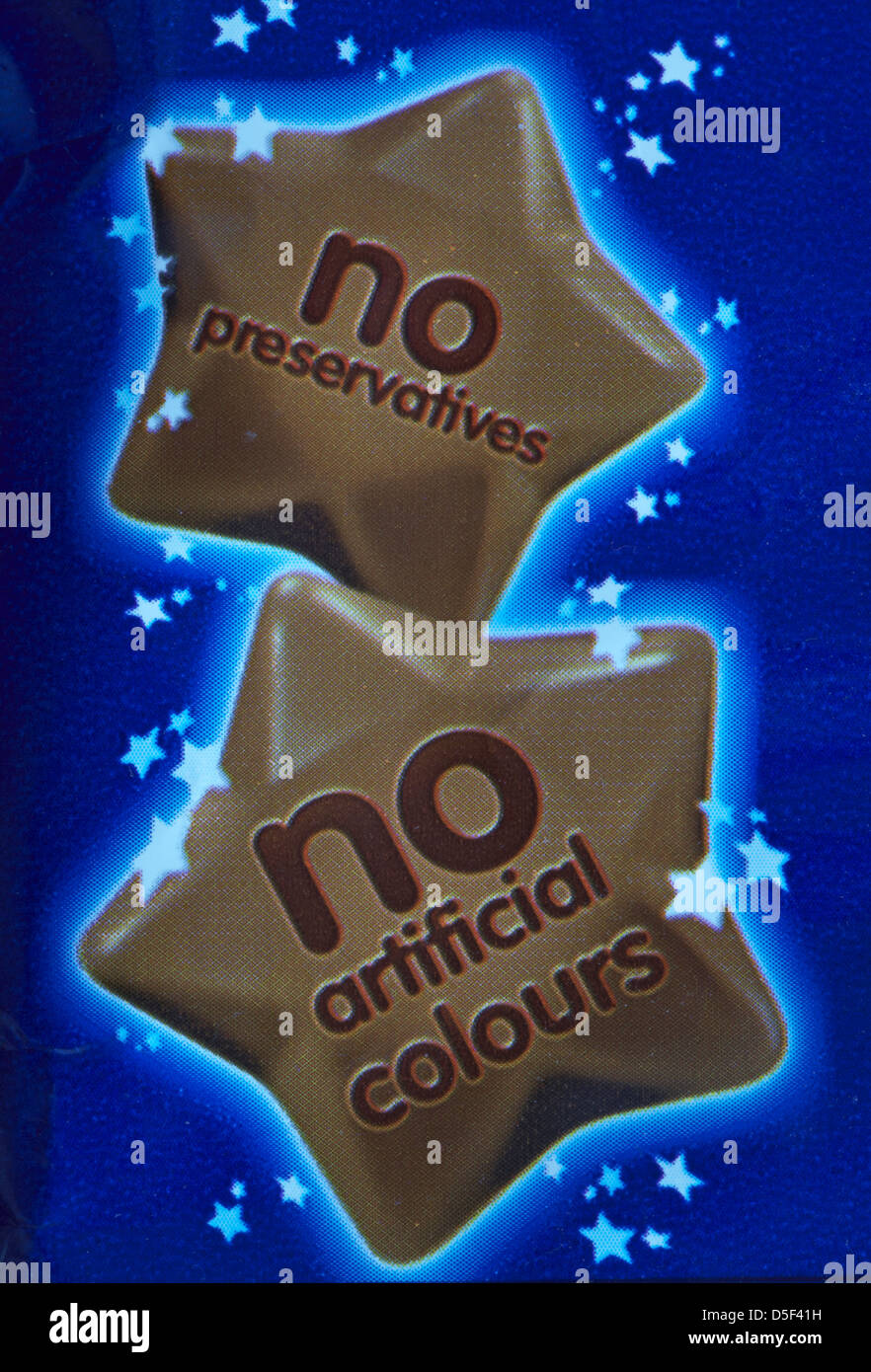 no preservatives no artificial colours on packet of chocolates Stock Photo