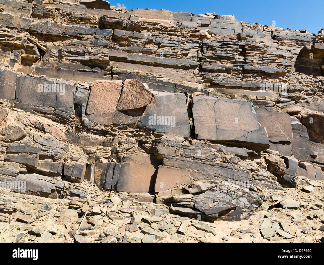 Wadi near village of  Ait Ouabelli where there is a prehistoric rock art site, on the road between Akka and Icht in Morocco Stock Photo