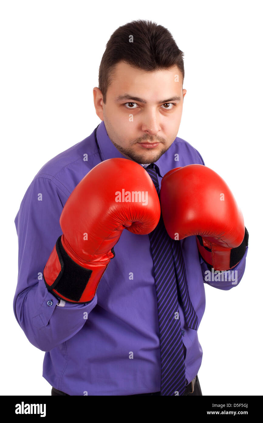Businessman wearing boxing gloves Stock Photo Alamy