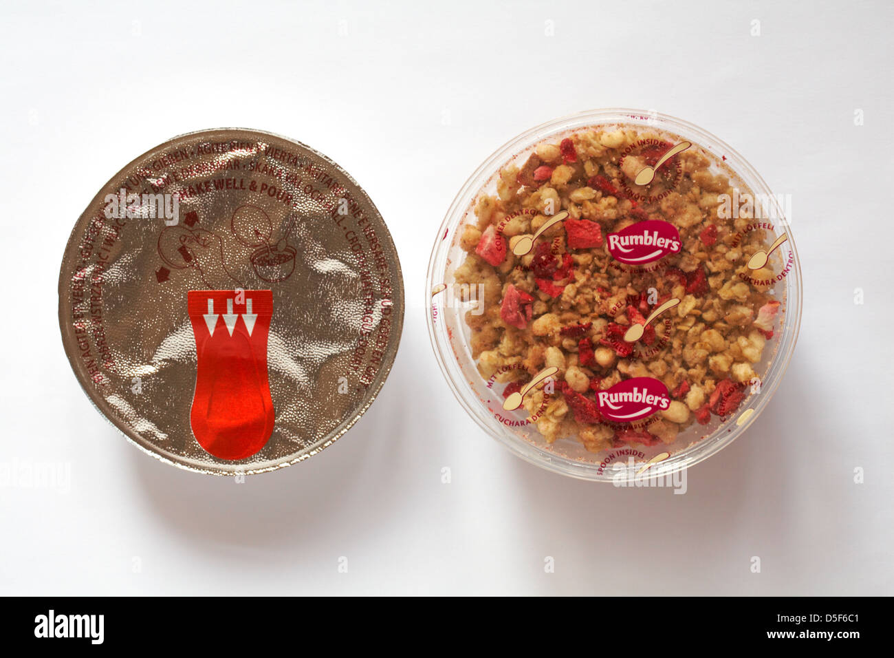 separate sections of yogurt and topping on tub of Rumblers Oat clusters