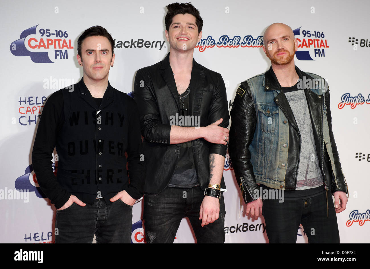 From left, Glen Power, Danny O'Donoghue and Mark Sheehan of The Script arrive for the Jingle Bell Ball. Stock Photo
