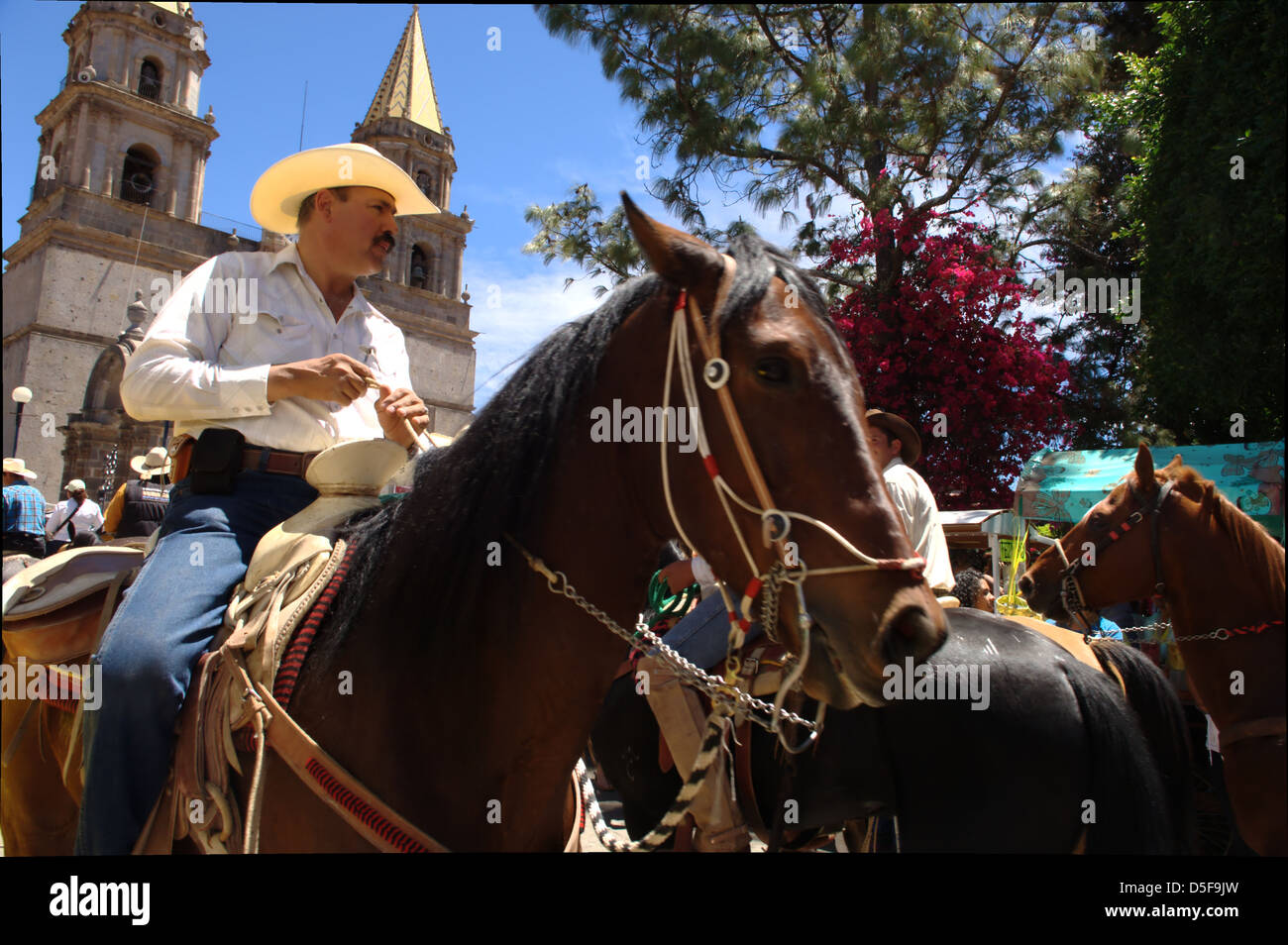 vaquero outside the basilica de Talpa de Allende, Mexico. Stock Photo