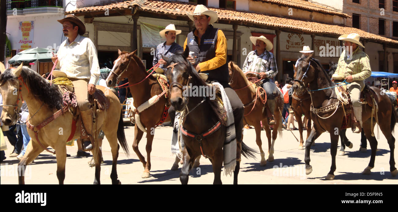 Vaqueros riding around Talpa de Allende, Mexico Stock Photo