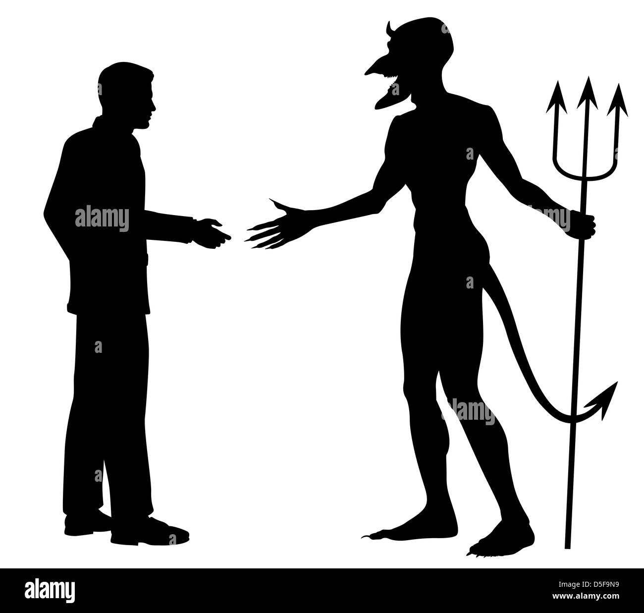 Illustrated silhouette of a man hesitating to shake hands to do a deal with the devil Stock Photo
