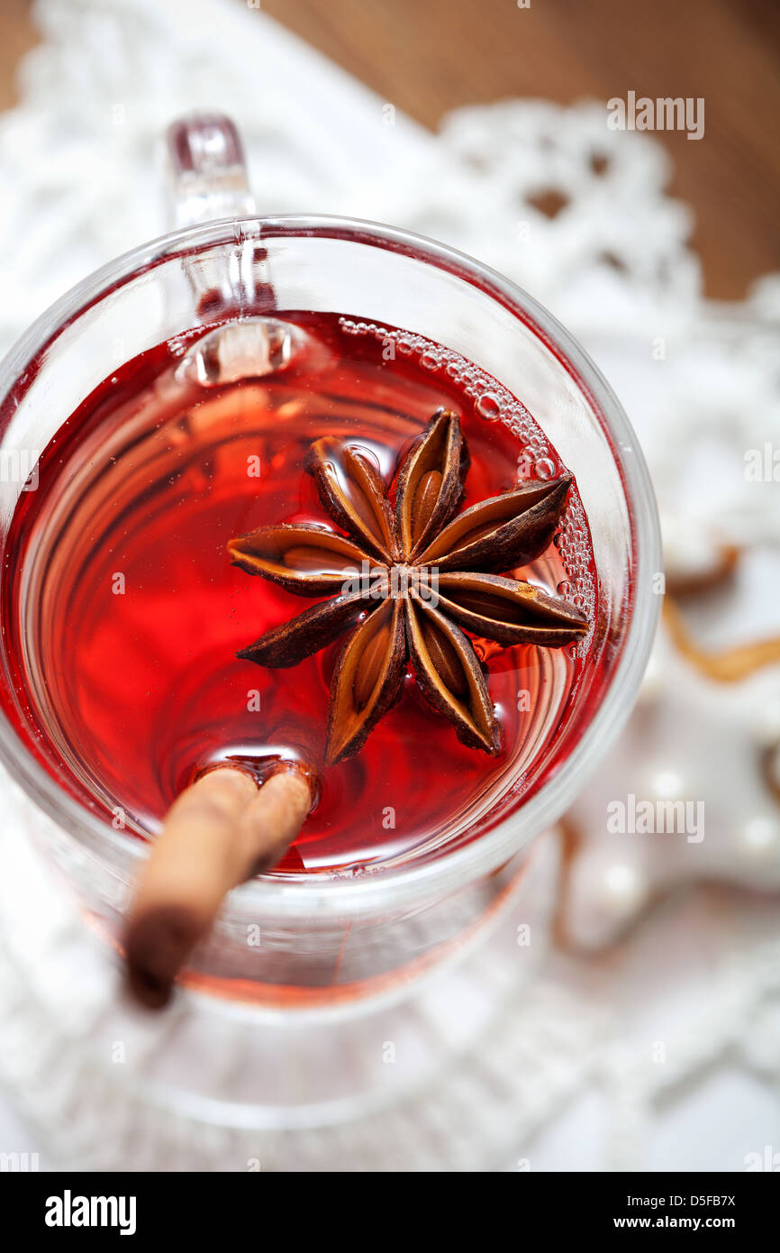 Close up of mulled wine glass with star anise Stock Photo