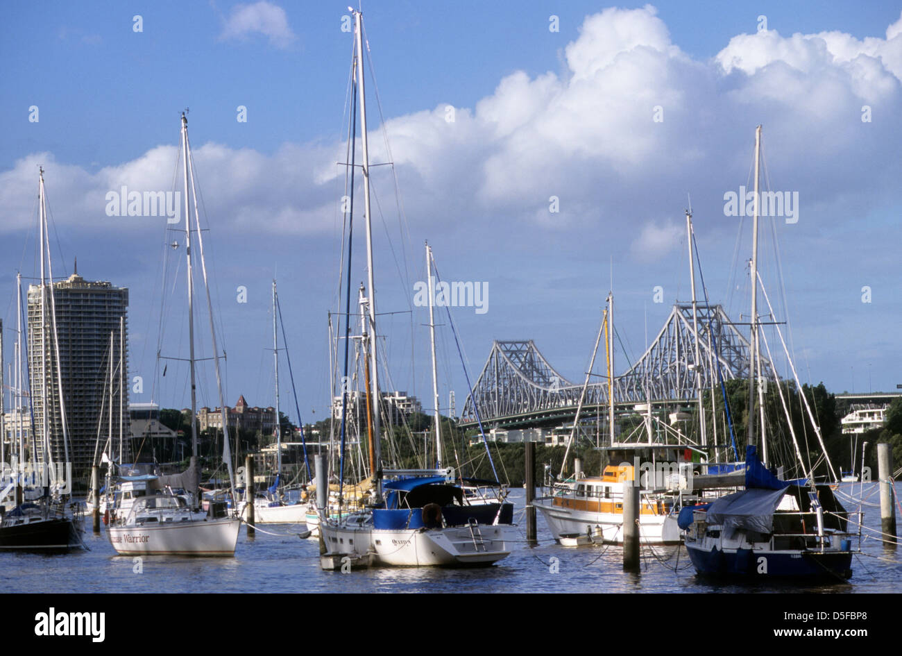 Australia, Queensland, Brisbane, the story bridge and harbour boats. Stock Photo