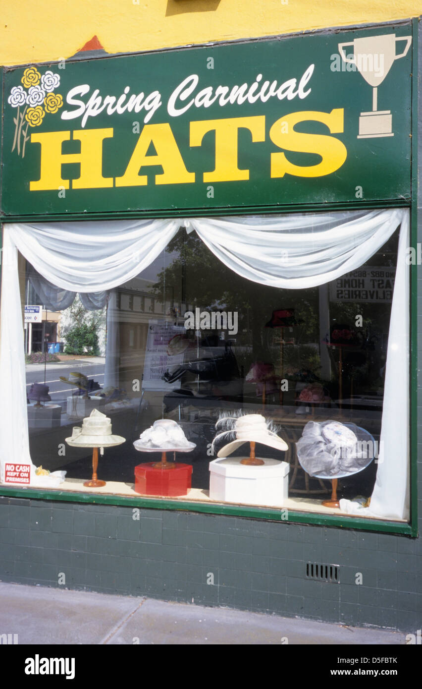Australia, Victoria, Melbourne, shop front selling hats for the spring