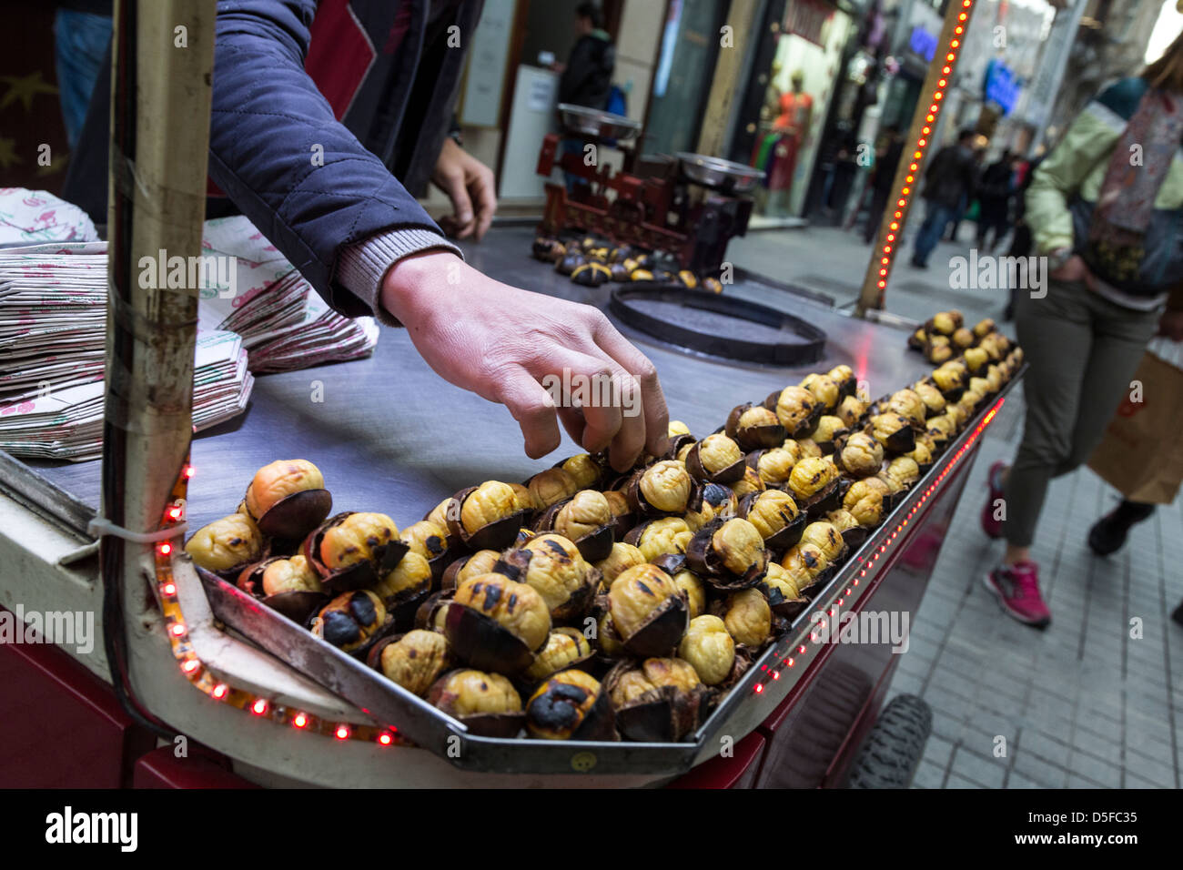Roast chestnuts street vendor in Istiklal street, Istanbul, Turkey