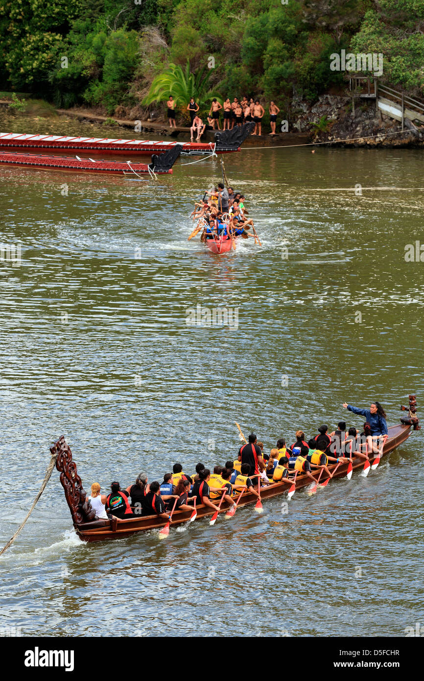Maori waka ceremonial war canoe on the Waitangi River during Waitangi Day celebrations Stock Photo