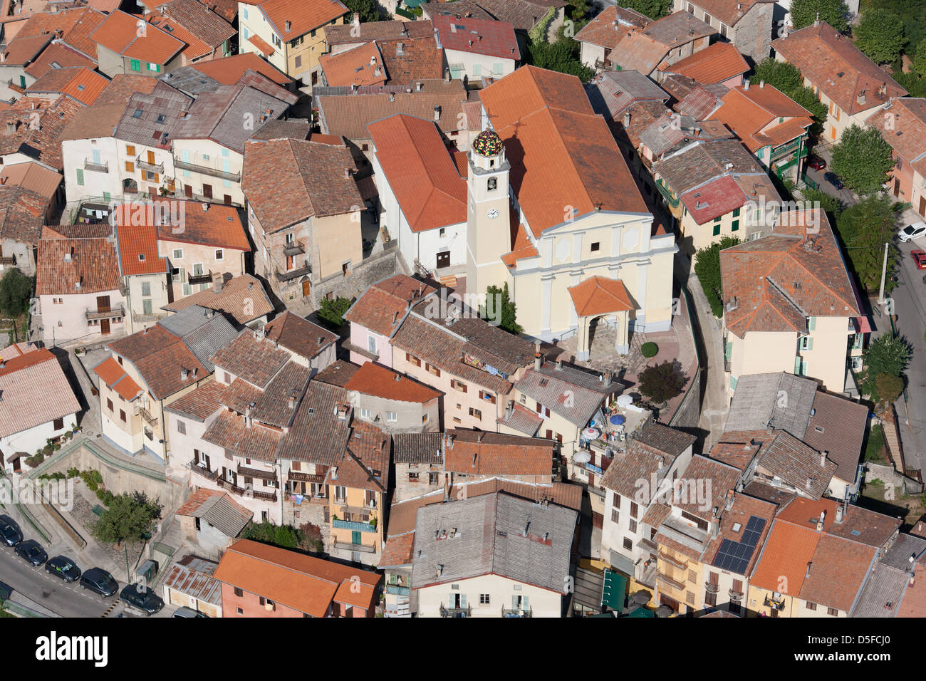 AERIAL VIEW. Perched medieval village. La Bollène Vésubie, Alpes-Maritimes, French Riviera's backcountry, France. Stock Photo